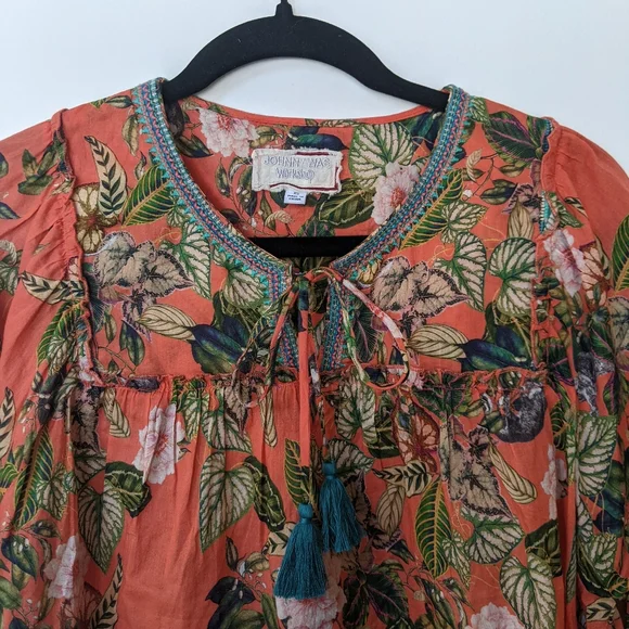 Johnny Was Orange Green Tie Front Blouse - Picture 3 of 7